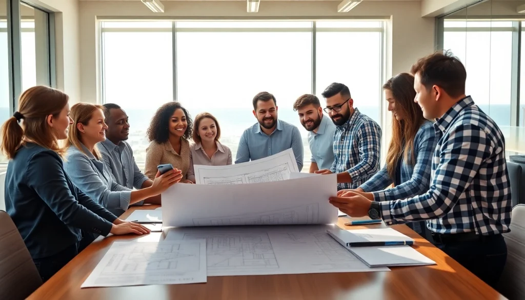 Members of the southern california contractors association collaborate in a bright meeting with blueprints.