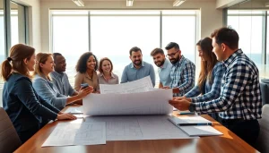 Members of the southern california contractors association collaborate in a bright meeting with blueprints.