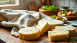 Kaasdoek om een rustieke tafel met honingkleurige kazen, perfect voor uw keuken.