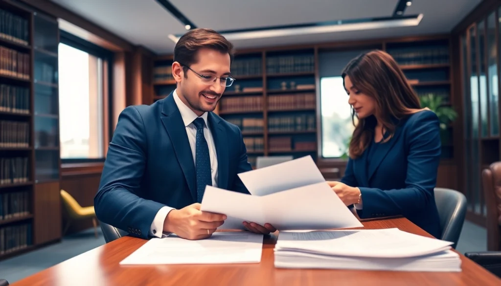 Real estate lawyer engaging clients in an office, fostering trust and legal clarity.