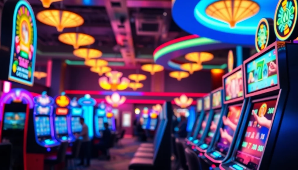 Menangkan slot depo 1k di kasino online dengan mesin slot berwarna-warni dan pemain excited.