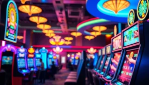 Menangkan slot depo 1k di kasino online dengan mesin slot berwarna-warni dan pemain excited.