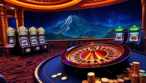 Rasakan sensasi Olympus 1000 dalam adegan kasino mewah yang menampilkan mesin slot beraneka warna dan rolet.