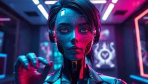 Engaging character AI NSFW interaction in a modern digital landscape with holographic elements.