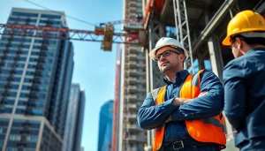 New York City Construction Manager collaborating on a construction site with high-rise buildings backdrop.