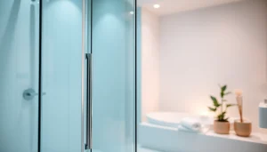 Showcase a stylish shower screen door in a contemporary bathroom with elegant reflections.