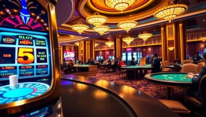 Nikmati gameplay yang mendebarkan dengan slot depo 5rb di lantai kasino mewah, menampilkan mesin slot yang berwarna-warni.