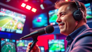 Engaging sports broadcasting scene with a professional broadcaster at work.