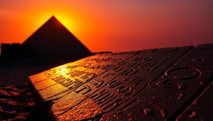 Pyraminds view featuring the Great Pyramid of Giza against a vivid sunset backdrop.