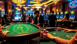 SboBet betting excitement at a luxurious casino with poker tables and vibrant chips.