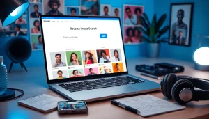 Reverse image search OnlyFans interface on a laptop in a modern digital workspace.