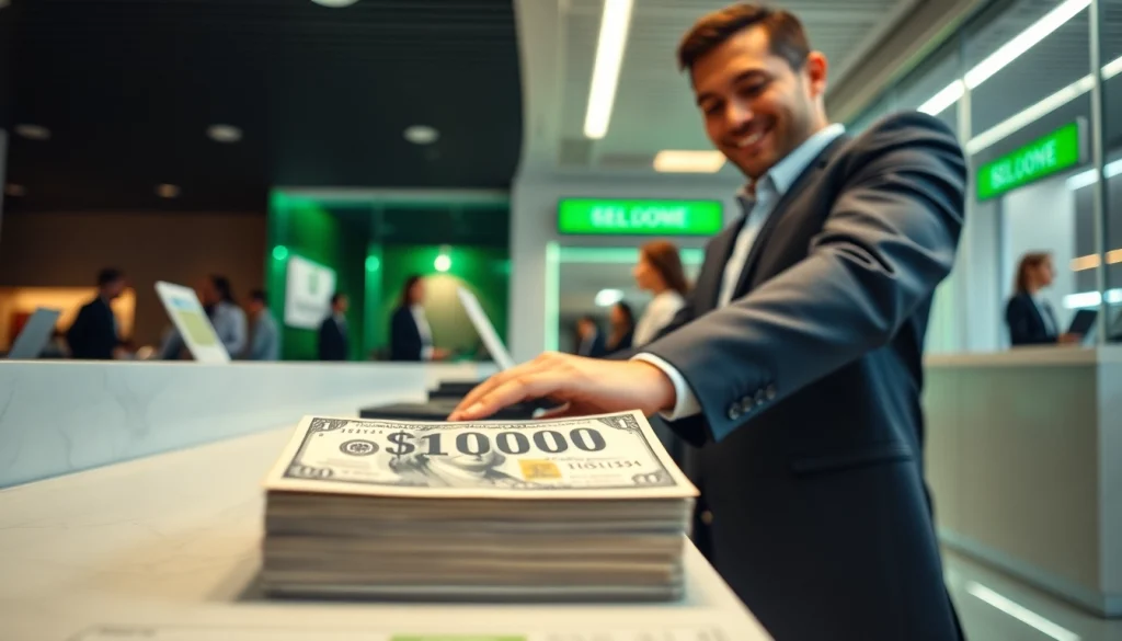 Menyetorkan deposit 1k secara aman di bank, menunjukkan uang tunai dan suasana profesional.