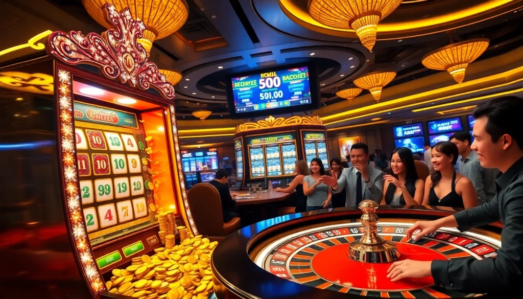 Rasakan sensasi slot deposit pulsa tanpa potongan di kasino mewah dengan mesin slot yang meriah dan para pemain yang antusias.