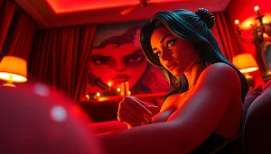 NSFW roleplay interaction with an AI character in a warm, inviting atmosphere.