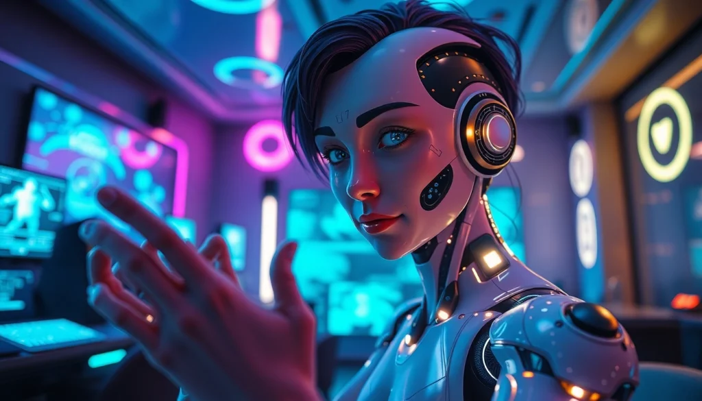 Captivating NSFW character AI interacting in a futuristic lounge environment with glowing screens.