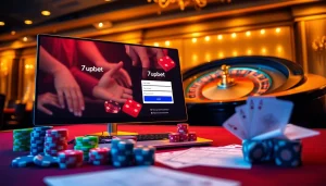Engage with the 7upbet login interface surrounded by vibrant casino elements like poker chips and dice.