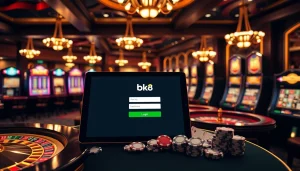 Secure your access with the bk8 login on an elegant casino-themed interface, showcasing vibrant slot machines and poker chips.