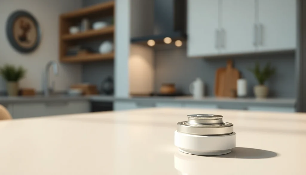 Inspecting a smoke detector battery on a kitchen countertop to ensure safety and functionality.