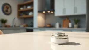 Inspecting a smoke detector battery on a kitchen countertop to ensure safety and functionality.