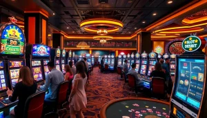 Pengalaman bermain Slot Depo 1K yang menarik dengan mesin berwarna-warni dan tampilan jackpot di kasino mewah.