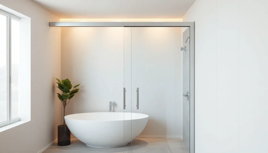 Showcasing a sliding shower door in a modern bathroom with elegant design and clear glass.