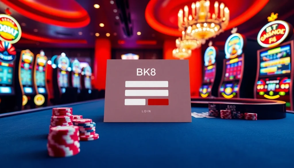 Robin casino scene highlighting bk8 login interface amidst poker chips and slot machines.