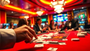 qq8821 menampilkan dealer yang mendistribusikan kartu dalam suasana kasino yang ramai.