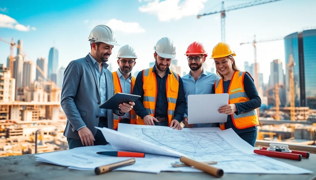 Engaged professionals in construction advocacy carolinas reviewing blueprints on-site, showcasing teamwork and progress.