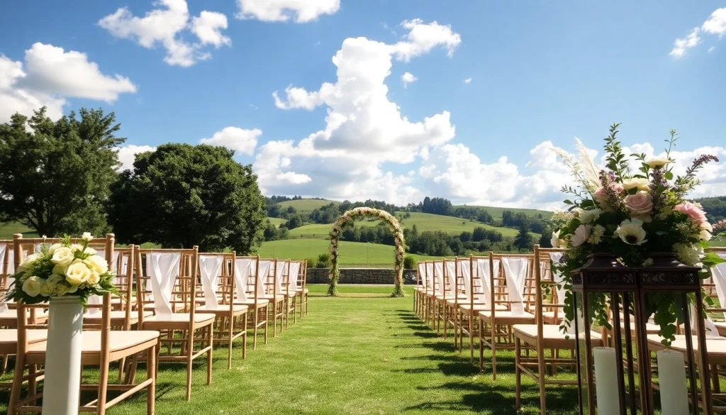 Showcase Clarksburg Wedding Venues with a beautiful outdoor ceremony setup surrounded by greenery.