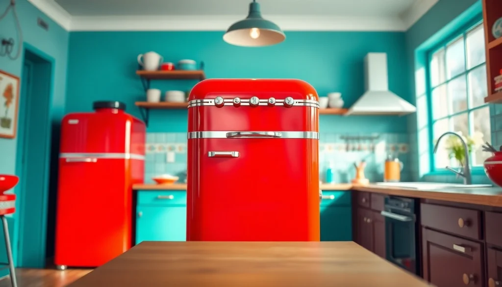 Showcasing a vibrant retro appliance in a mid-century modern kitchen with vintage décor.
