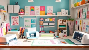 Cricut SVG designs on a vibrant crafting workspace with cutting tools
