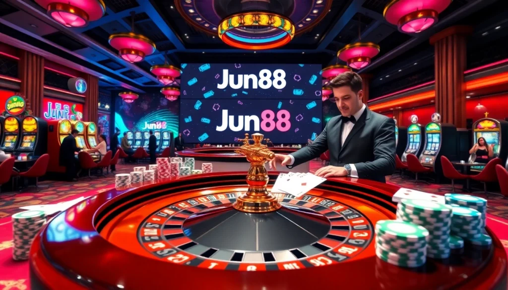 Experience the thrilling ambiance of Jun88's casino with vibrant tables and engaging games.
