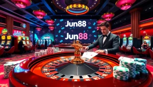 Experience the thrilling ambiance of Jun88's casino with vibrant tables and engaging games.