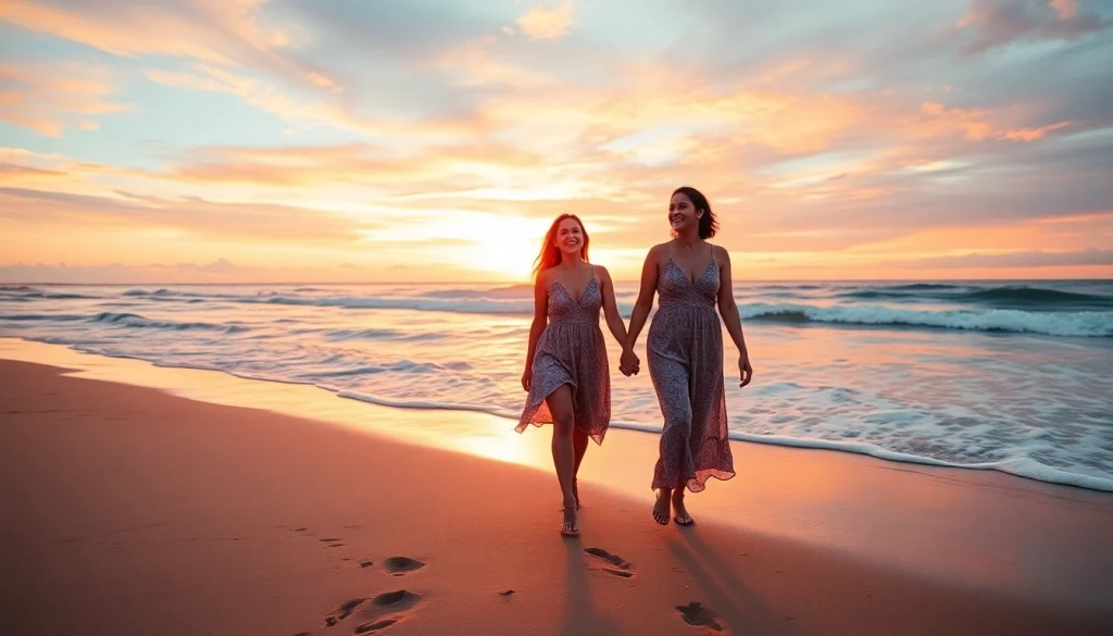 Destination photographer capturing a couple laughing on a beach during a vibrant sunset.