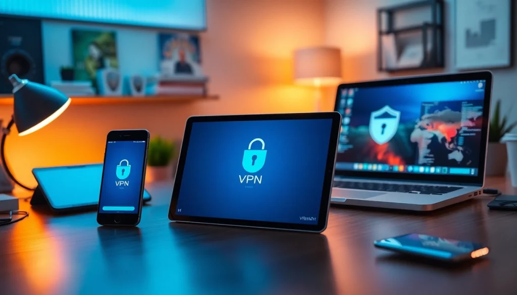 在多台设备上显示的快连 VPN 应用，展示了用户友好的界面和安全功能。