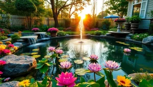 Explore stunning water features in a tranquil backyard setting with a serene koi pond.