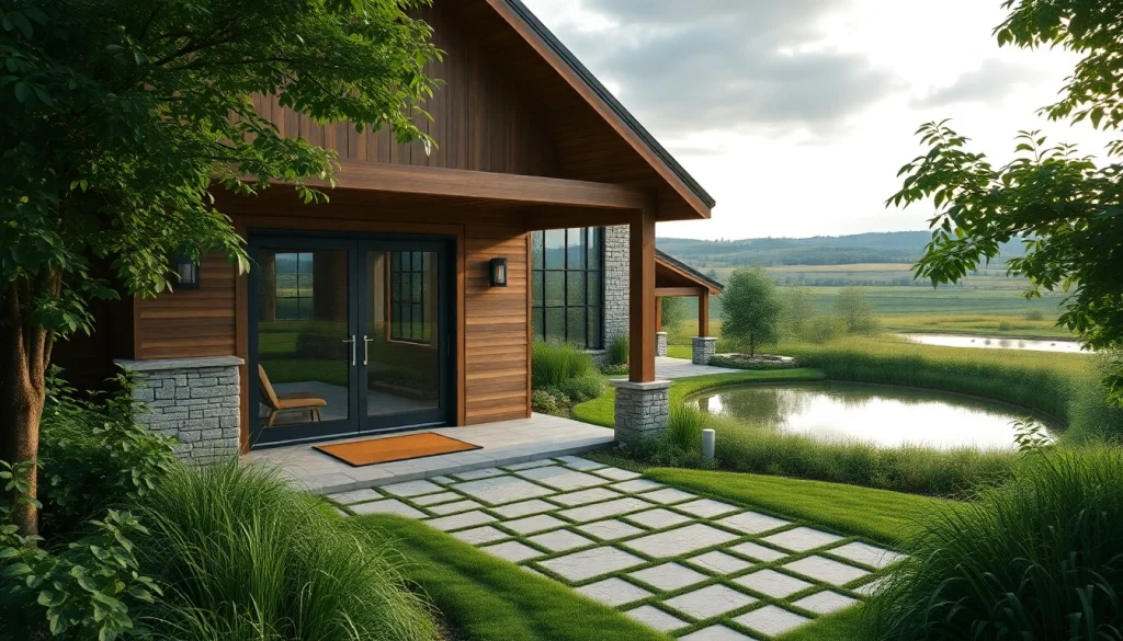 View of the contemporary Canton Farmhouse with large glass doors and landscaped surroundings.