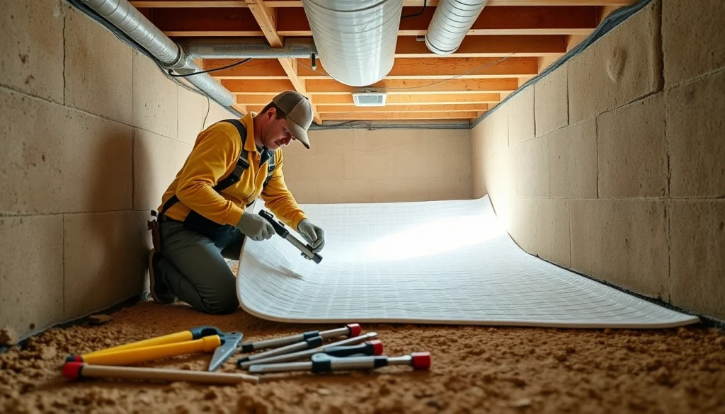 Vapor Barrier Installation in a residential crawl space, showcasing a contractor applying the material.