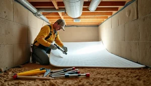 Vapor Barrier Installation in a residential crawl space, showcasing a contractor applying the material.