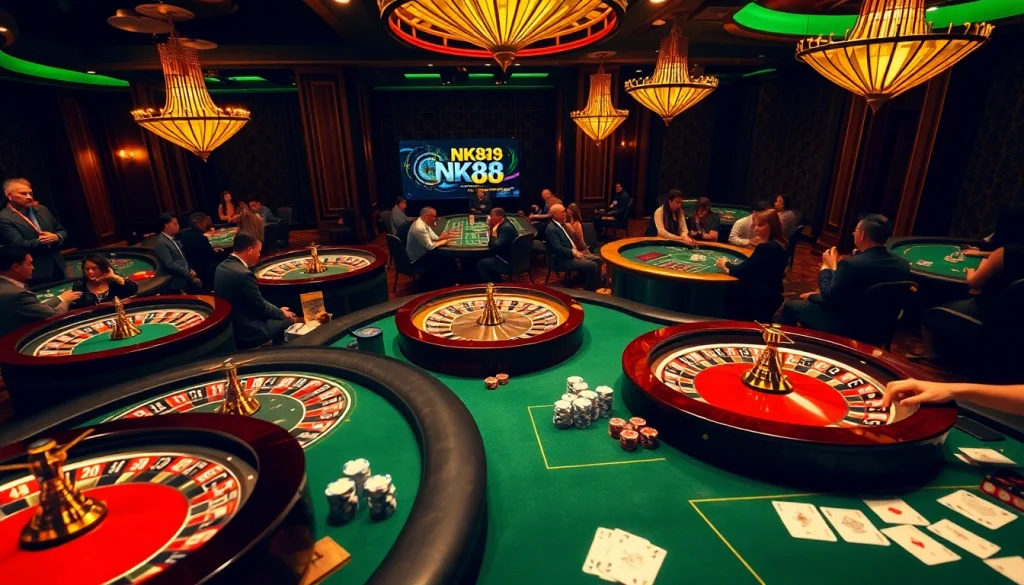 NK88 casino scene with vibrant poker tables, roulette, and engaged players enjoying their games.