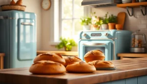 Bake delicious treats using a stylish Retro Oven in a vintage kitchen.