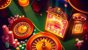 Scatter hitam symbol shines brightly among luxurious casino tables featuring poker chips and a roulette wheel.