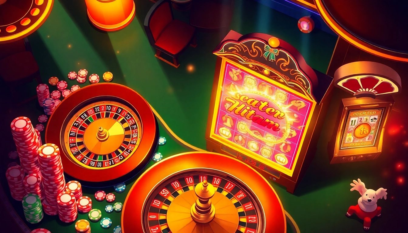 Scatter hitam symbol shines brightly among luxurious casino tables featuring poker chips and a roulette wheel.