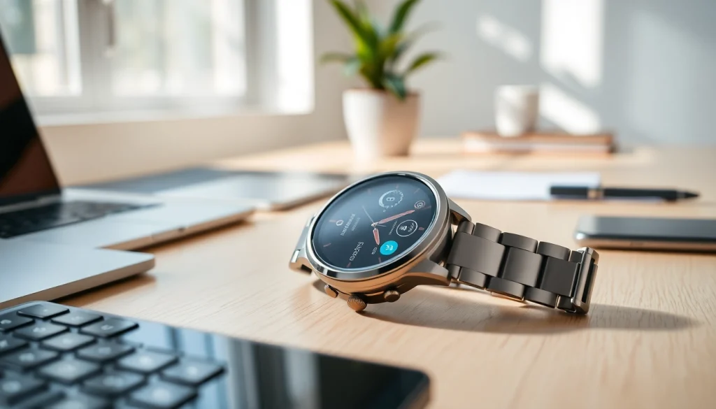Showcase of Finesse Smart Watch on a modern desk surrounded by tech gadgets.