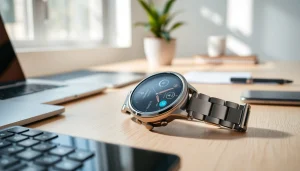 Showcase of Finesse Smart Watch on a modern desk surrounded by tech gadgets.