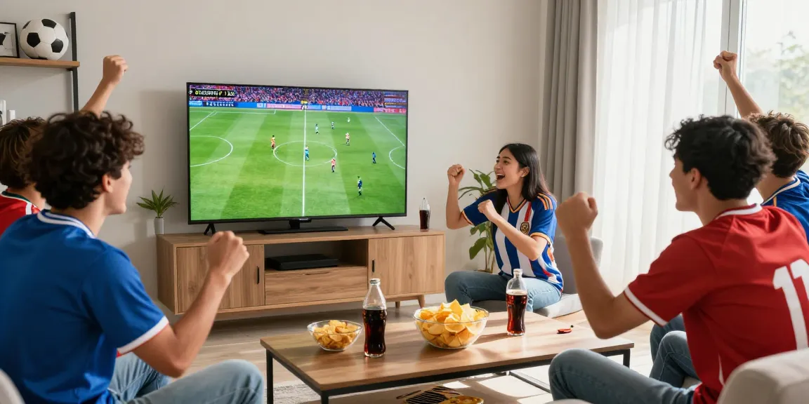 Excited friends enjoying a kooralive soccer match at home with snacks.